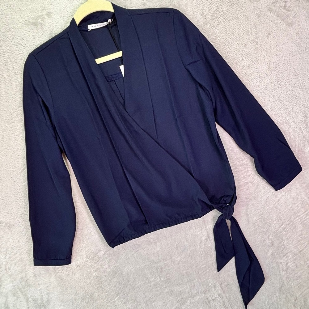 NWT Three Eighty Two Womens Blouse S Navy Blue Wrap Side Tie Long Sleeve TR-009